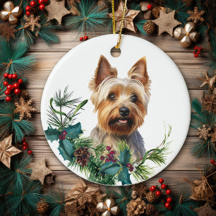 Australian Terrier Dog Portrait Holly Wreath Ceramic Ornament