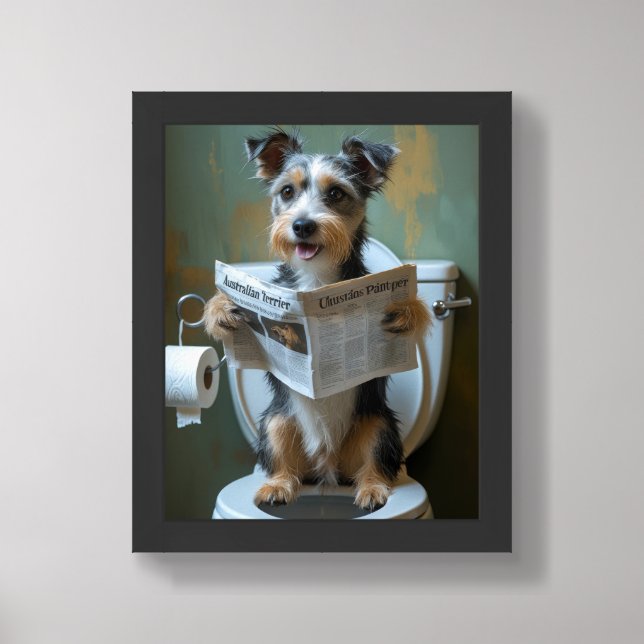 Australian Terrier Dog Sitting On Toilet Funny  Framed Art (Framed Front)