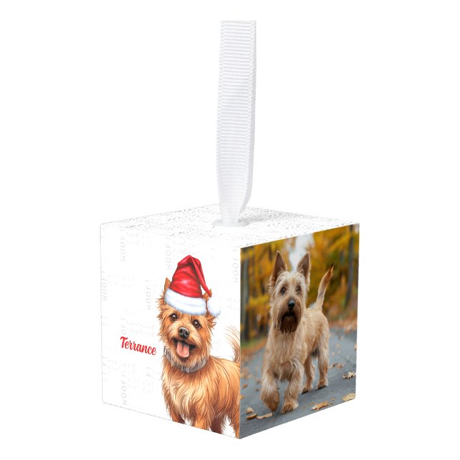 Australian Terrier Dog Two Photo Christmas Holiday Cube Ornament (Front Angled)