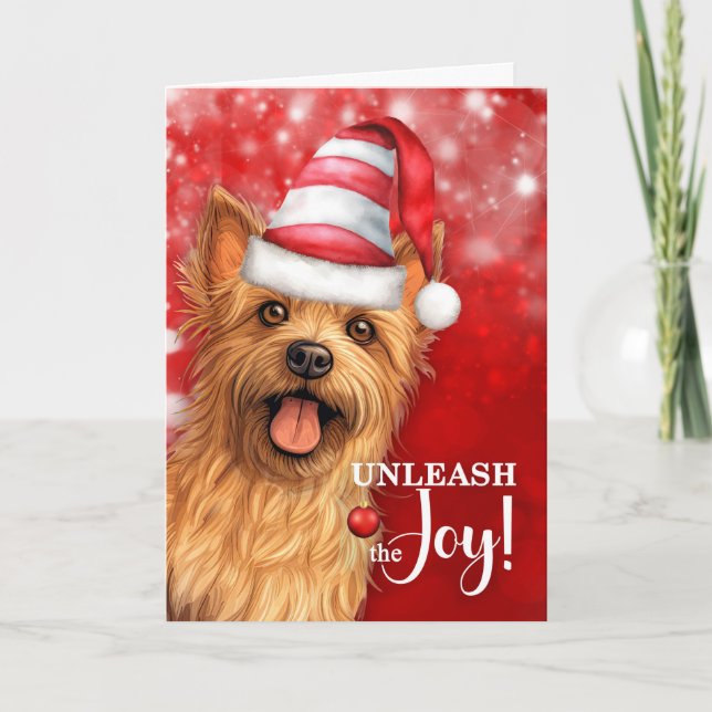 Australian Terrier Dog Unleash the Joy Christmas Holiday Card (Front)