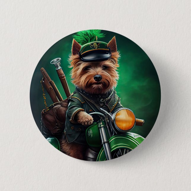Australian Terrier driving bike St. Patrick's Day Button (Front)