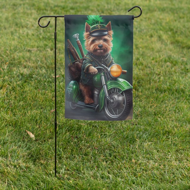 Australian Terrier driving bike St. Patrick's Day Garden Flag (In SItu)