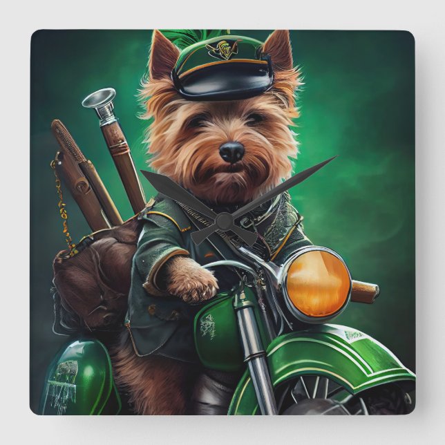 Australian Terrier driving bike St. Patrick's Day Square Wall Clock (Front)