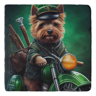 Australian Terrier driving bike St. Patrick's Day Trivet