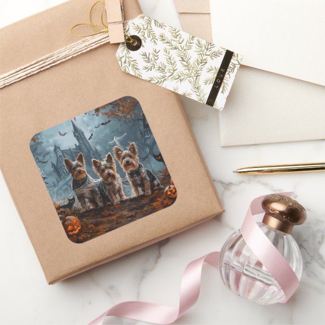 Australian Terrier Halloween Night Doggy Delight Square Sticker (Gifting)