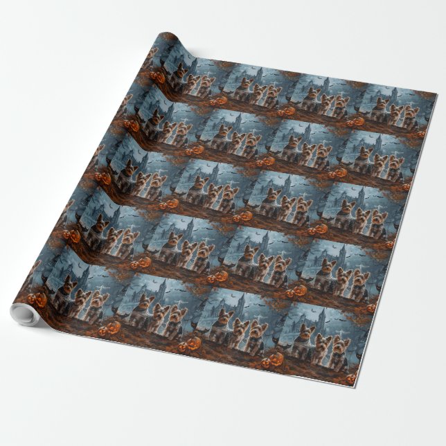 Australian Terrier Halloween Night Doggy Delight Wrapping Paper (Unrolled)