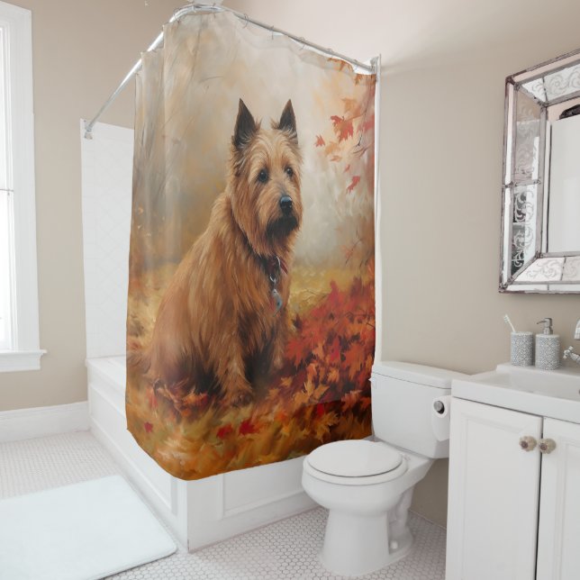 Australian Terrier in Autumn Leaves Fall Inspire Shower Curtain (In Situ)
