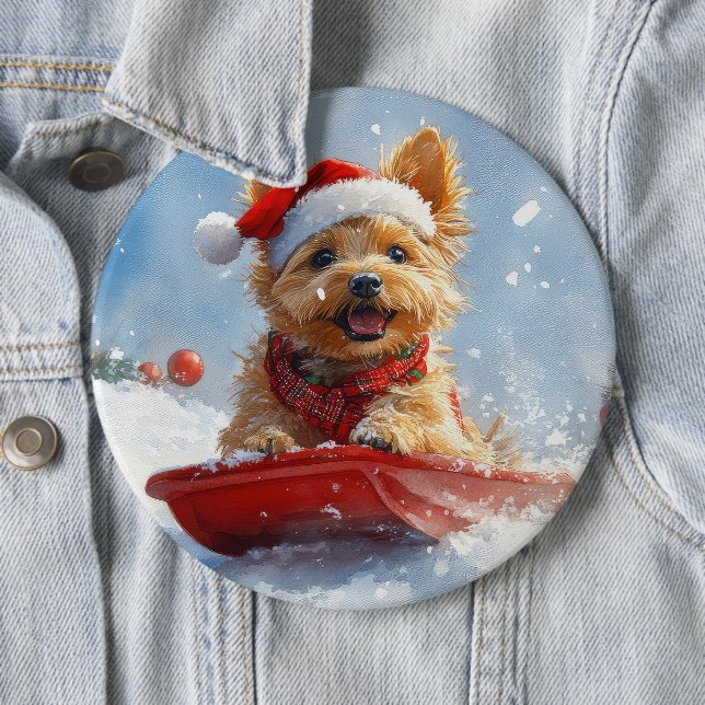 Australian Terrier in Sledge Let it Snow Christmas Button (In Situ)