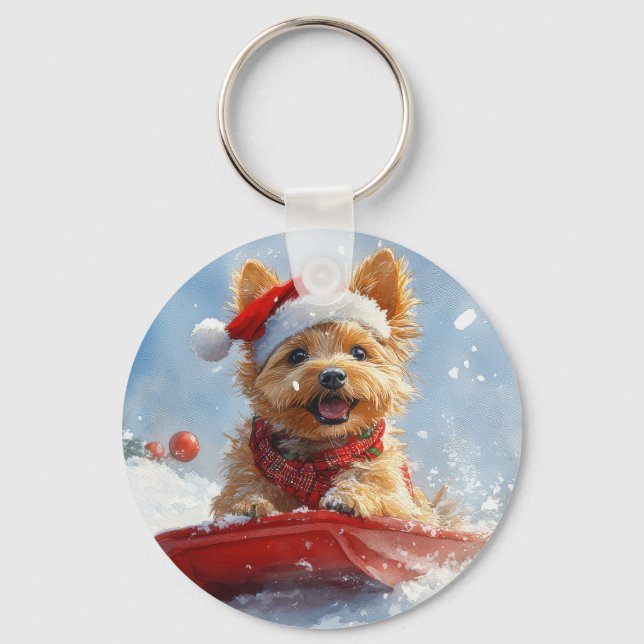 Australian Terrier in Sledge Let it Snow Christmas Keychain (Front)