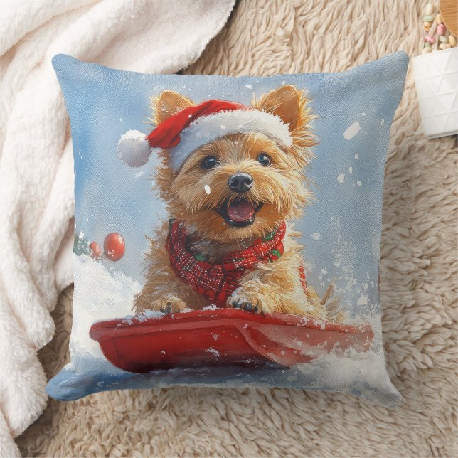 Australian Terrier in Sledge Let it Snow Christmas Throw Pillow (Blanket)