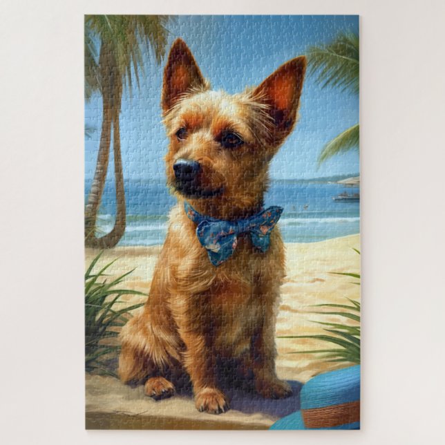Australian Terrier On Beach dog lover summer gift Jigsaw Puzzle (Vertical)