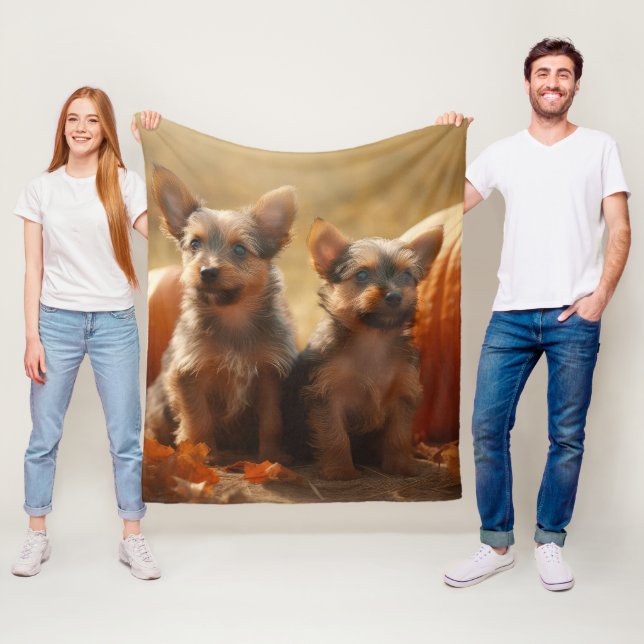 Australian Terrier Puppy Autumn Delight Pumpkin Fleece Blanket (In Situ)