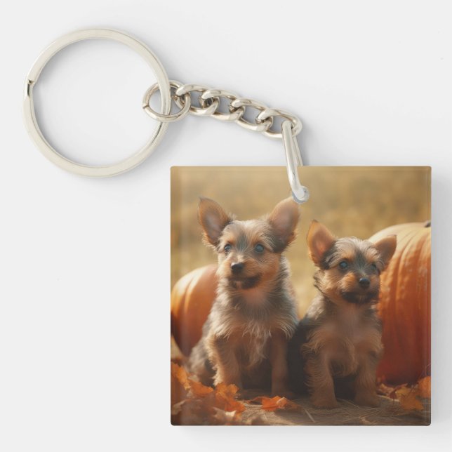 Australian Terrier Puppy Autumn Delight Pumpkin Keychain (Front)