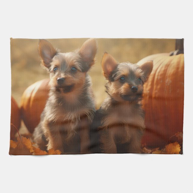 Australian Terrier Puppy Autumn Delight Pumpkin Kitchen Towel (Horizontal)