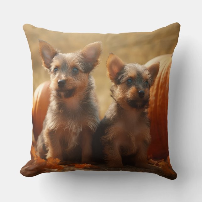Australian Terrier Puppy Autumn Delight Pumpkin Throw Pillow (Front)