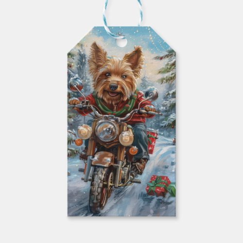 Australian Terrier Riding Motorcycle Christmas Gift Tags