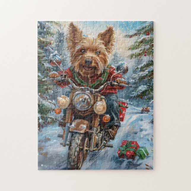Australian Terrier Riding Motorcycle Christmas Jigsaw Puzzle (Vertical)