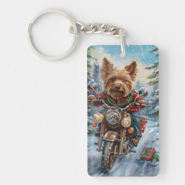 Australian Terrier Riding Motorcycle Christmas Keychain (Front)