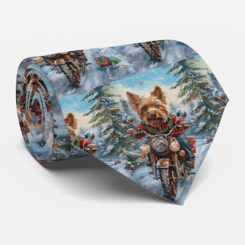 Australian Terrier Riding Motorcycle Christmas Neck Tie