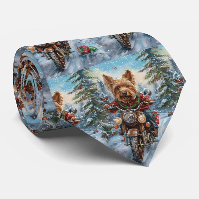 Australian Terrier Riding Motorcycle Christmas Neck Tie (Rolled)