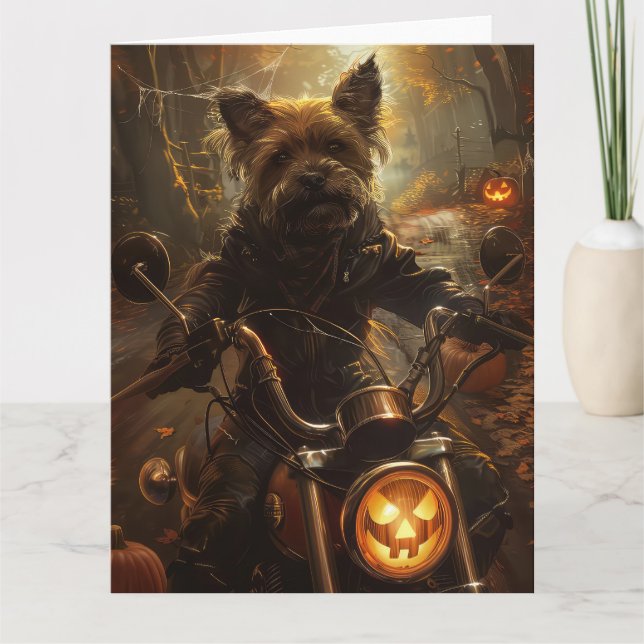 Australian Terrier Riding Motorcycle Halloween  Card (Front)