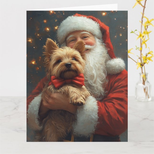 Australian Terrier Santa Claus Festive Christmas Card (Yellow Flower)