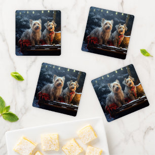 Australian Terrier Snowy Sleigh Christmas Decor Coaster Set