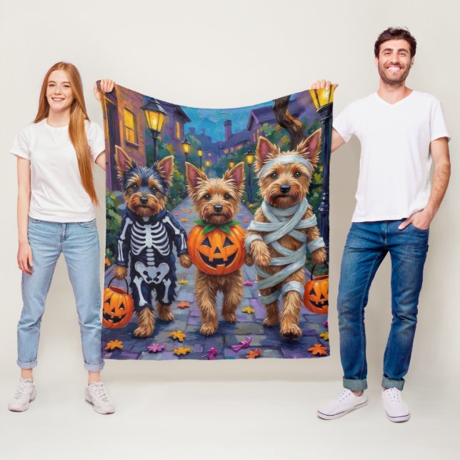 Australian Terrier Trick-or-Treating in Halloween Fleece Blanket (In Situ)