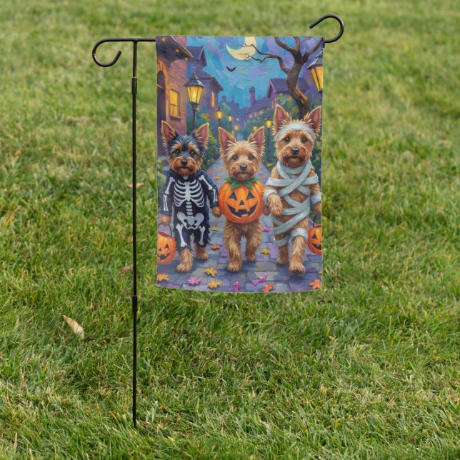 Australian Terrier Trick-or-Treating in Halloween Garden Flag (In SItu)