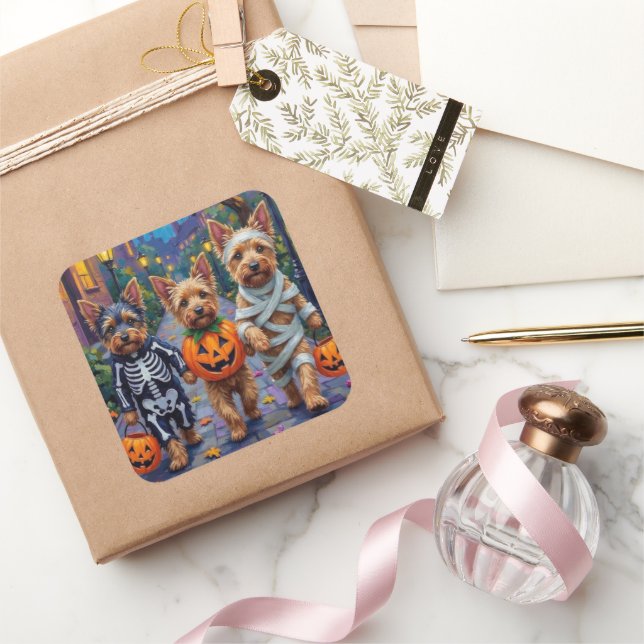 Australian Terrier Trick-or-Treating in Halloween Square Sticker (Gifting)