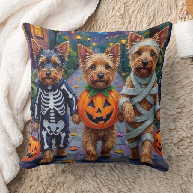 Australian Terrier Trick-or-Treating in Halloween Throw Pillow (Blanket)