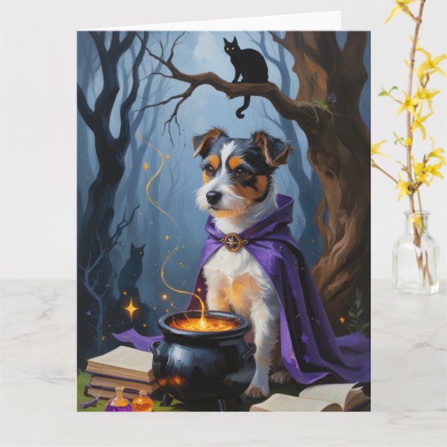 Australian Terrier Whimsical Halloween Painting Card (Yellow Flower)