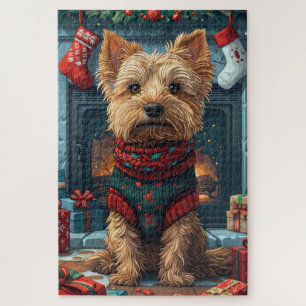 Australian Terrier With Christmas Gifts Fireplace Jigsaw Puzzle