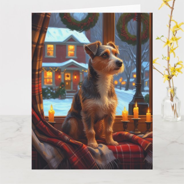 Australian Terrier With Christmas Lights Holiday Card (Yellow Flower)