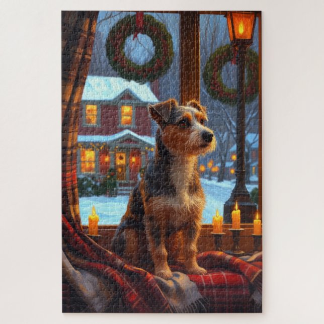 Australian Terrier With Christmas Lights Holiday Jigsaw Puzzle (Vertical)
