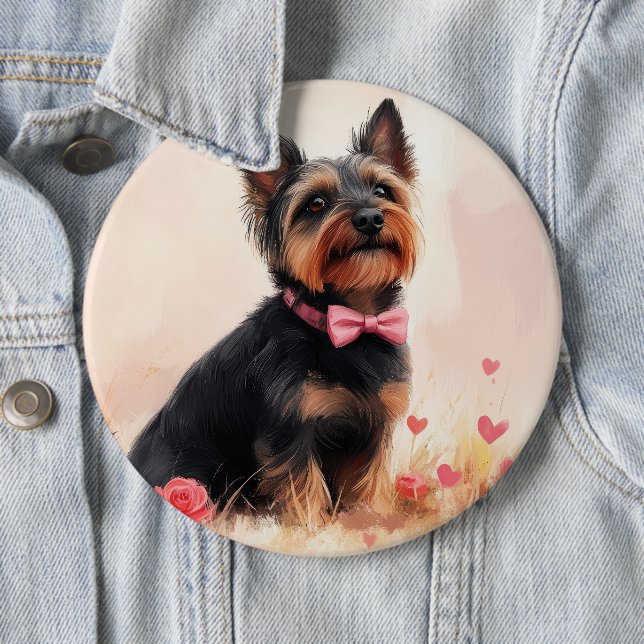 Australian Terrier with Roses - Valentine's Day Button (In Situ)