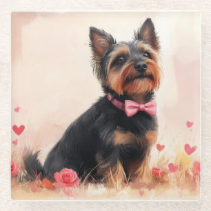 Australian Terrier with Roses - Valentine's Day Glass Coaster