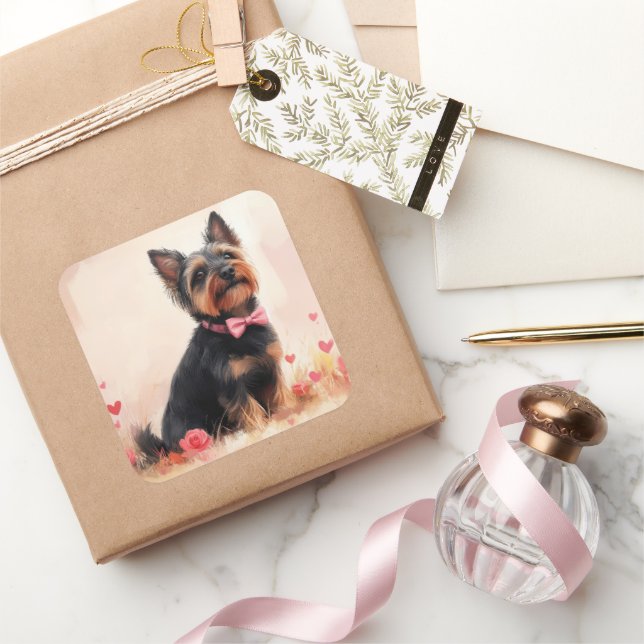 Australian Terrier with Roses - Valentine's Day Square Sticker (Gifting)