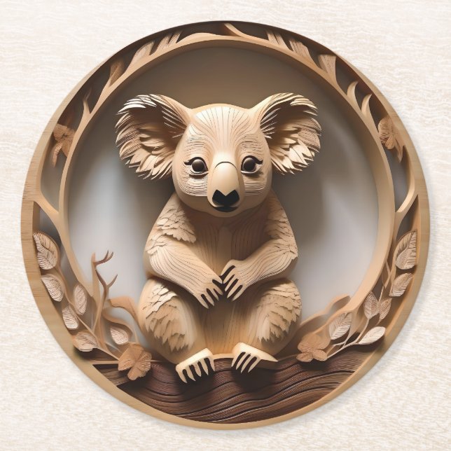 Australian Tree Hugger: Koala Bear Wood Print Round Paper Coaster (Front)