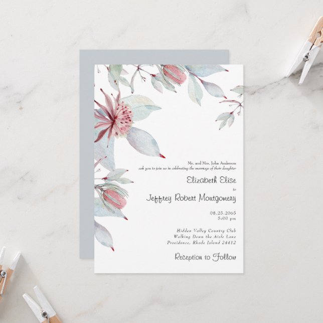 Australian Tropical Floral Dusty Blue Wedding Invitation (Front/Back In Situ)