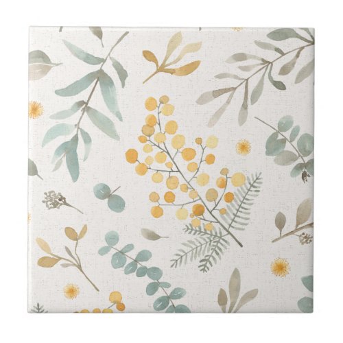 Australian wattle and eucalyptus watercolor floral ceramic tile