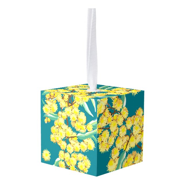 Australian Wattle blossoms Cube Ornament (Back Angled)