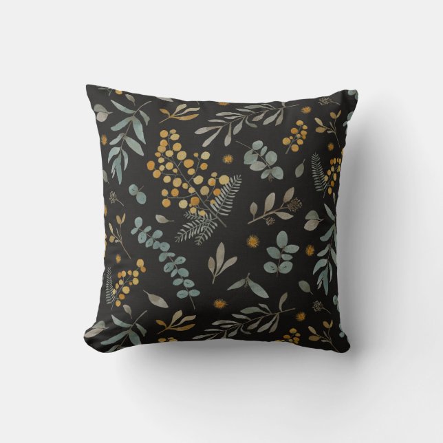 Australian wattle eucalyptus leaves black throw pillow (Front)
