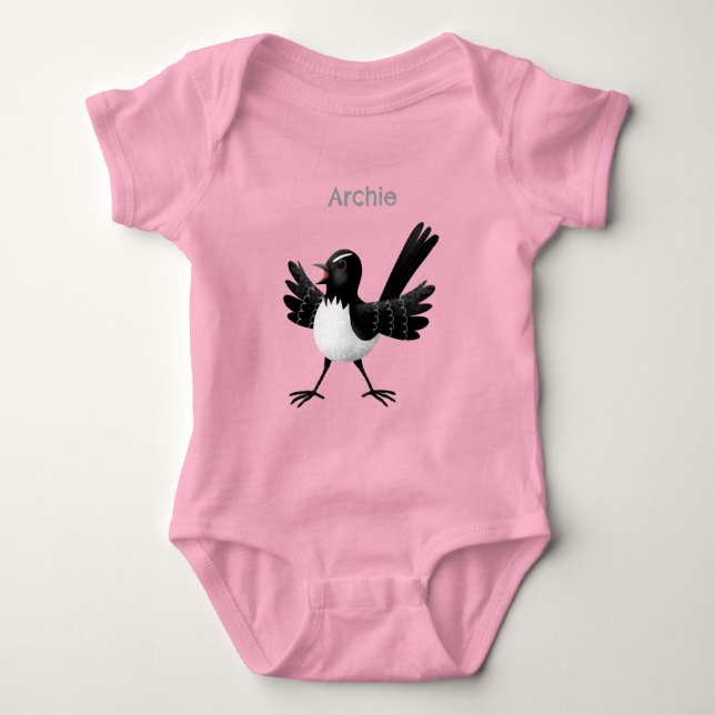 Australian Willie Wagtail cartoon personalized Baby Bodysuit (Front)