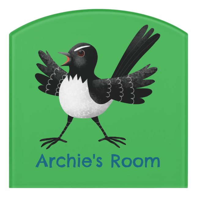 Australian Willie Wagtail cartoon personalized Door Sign (Contour Front)