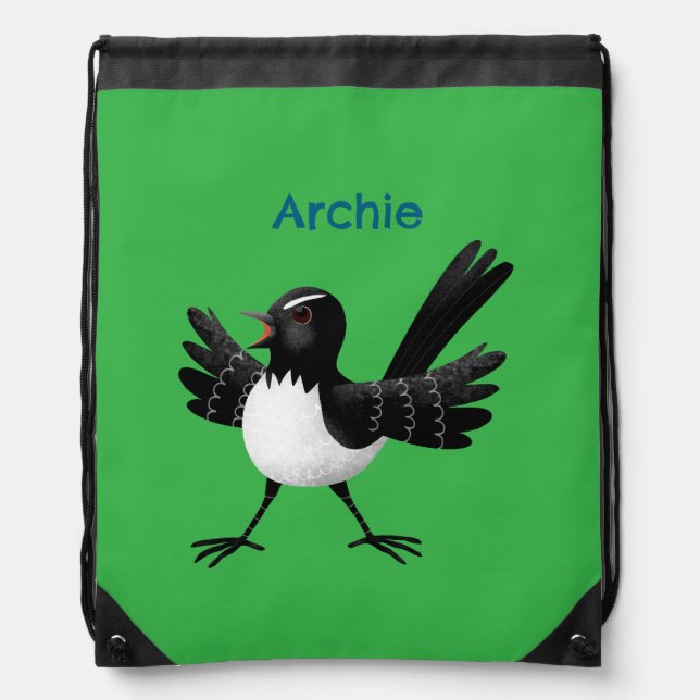 Australian Willie Wagtail cartoon personalized Drawstring Bag (Front)