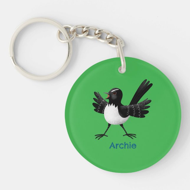 Australian Willie Wagtail cartoon personalized Keychain (Front)