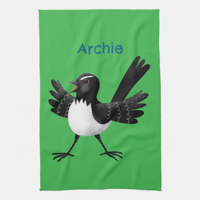Australian Willie Wagtail cartoon personalized Kitchen Towel (Vertical)