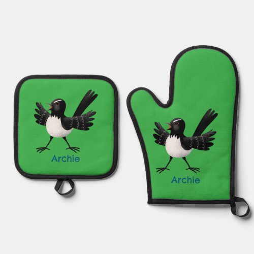 Australian Willie Wagtail cartoon personalized Oven Mitt & Pot Holder Set