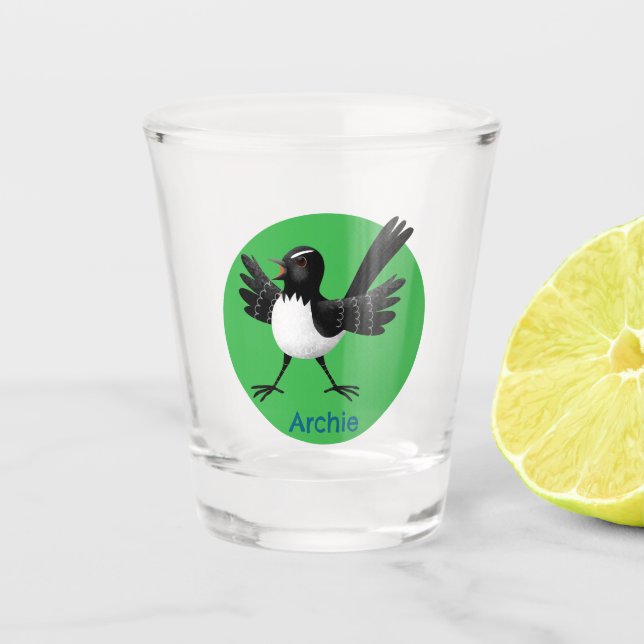 Australian Willie Wagtail cartoon personalized Shot Glass (Front)